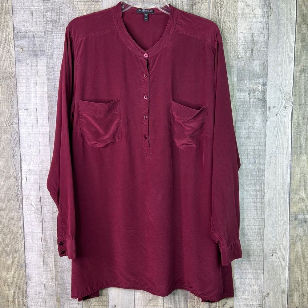 Eileen Fisher 1X “Garnet” 1/2 Button Front Henley Neck Long Sleeve Silk Top
